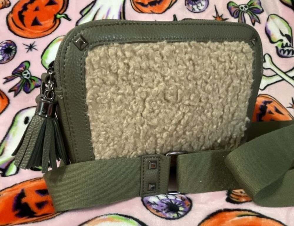 Rachel Zoe Olive Green Faux Leather and Sherpa Crossbody Bag with Tassel Details